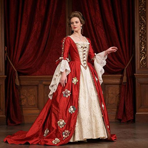 Photograph of a fair-skinned woman in a red and white baroque-style gown with lace trim, floral embroidery, and a long train, standing