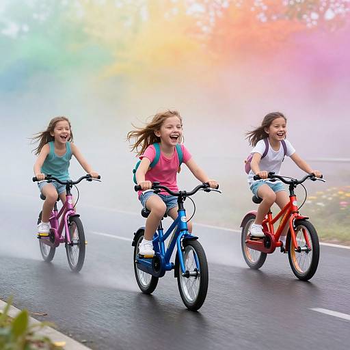 Three laughing girls with long hair ride colorful bicycles on a wet road, splashing water, against a vibrant, blurred rainbow background. Photograph.