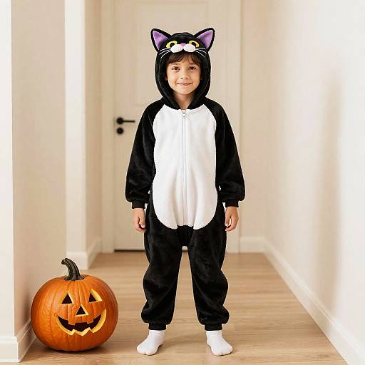 Child in Cat Onesie Costume with Pumpkin