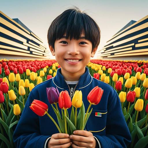 Young Japanese Boy Holding Colorful Tulips in Field
