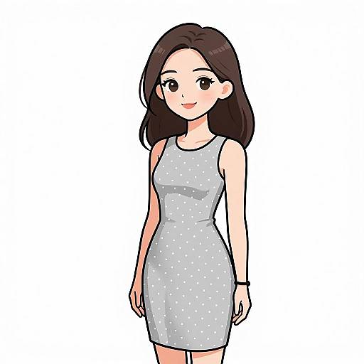 Anime-style digital drawing of a cute young woman with fair skin and long dark brown hair, wearing a light gray, sleeveless, polka-dot dress