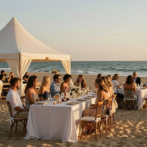 Photograph of a beach wedding reception at sunset, featuring guests seated at white-covered tables under a white tent, with the ocean in the background.