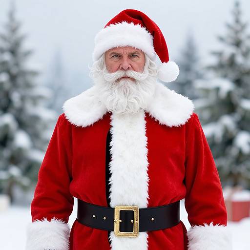 Photograph of a Santa Claus with a white beard, red velvet suit, white fur trim, black belt, and hat, standing in a snowy,
