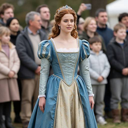 Photograph of a fair-skinned red-haired woman with wavy hair, wearing a blue and gold medieval-style gown, white lace trim, and a
