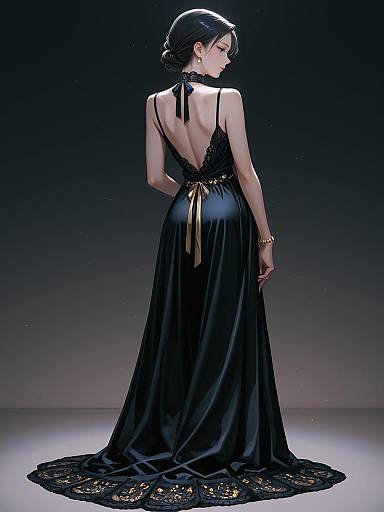Elegant Woman in Black Backless Evening Gown