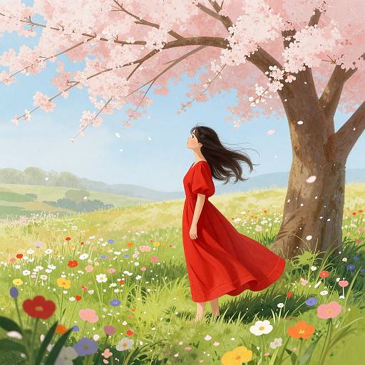 Anime-style digital illustration of a woman with long black hair in a red dress, standing under a pink cherry blossom tree in a vibrant, colorful meadow