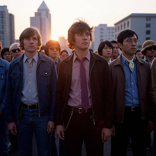 Photograph of three Asian men in 80s-style denim jackets and button-up shirts, standing in front of a sunset with a crowd, urban buildings
