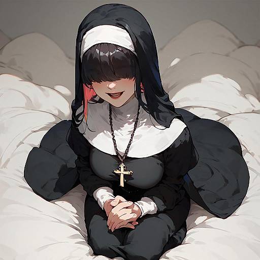 Kneeling Anime Nun With Multicolored Hair