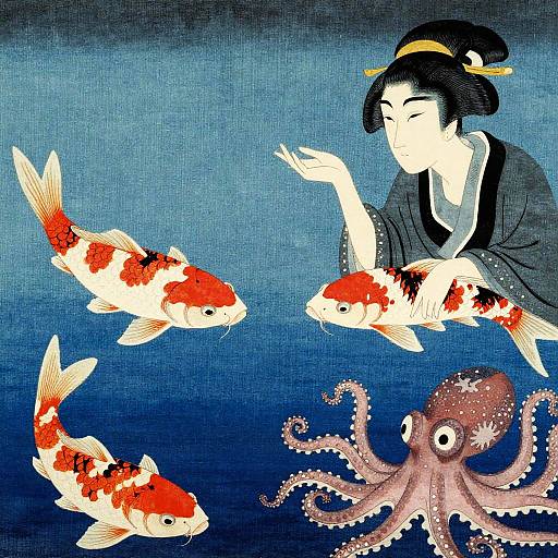 Ukiyo-e Koi and Octopus Wallpaper