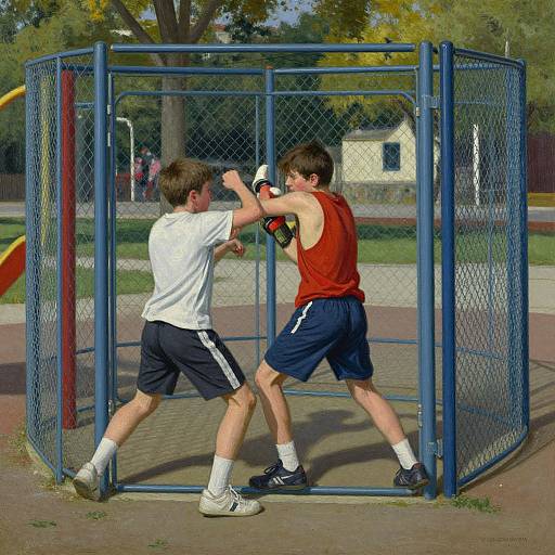 Photograph of two young boys boxing in a blue metal cage at a sunny outdoor playground, wearing athletic shorts and sleeveless shirts.