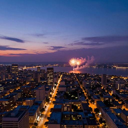 Aerial photograph of a city at dusk, showcasing illuminated streets, buildings, and vibrant fireworks over a waterfront, with a purple and blue sky.