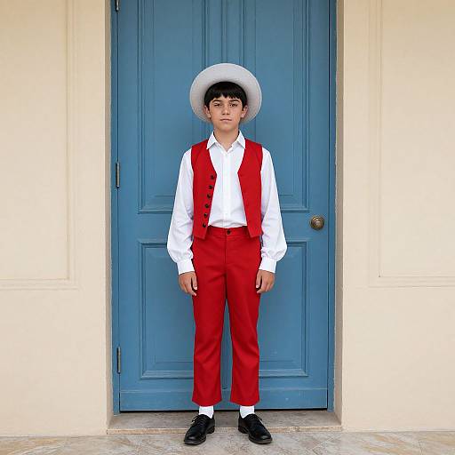Photograph of a young boy with dark hair, wearing a white hat, white shirt, red vest, red pants, white socks, and black shoes