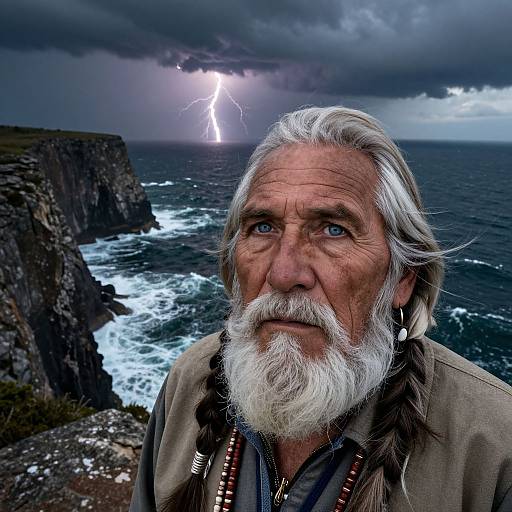 Photograph of an elderly white man with a white beard, piercing blue eyes, and long gray hair, standing on a rocky coastline during a storm with