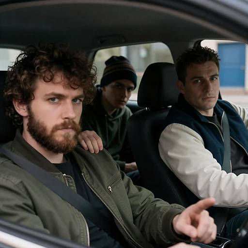 Three Men in Car with Serious Expressions