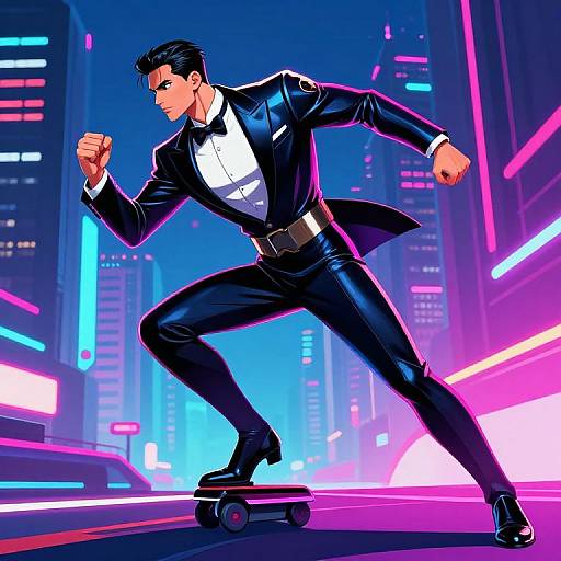 Digital anime-style artwork of a muscular man in a black tuxedo on a skateboard, mid-action pose, neon cityscape background.