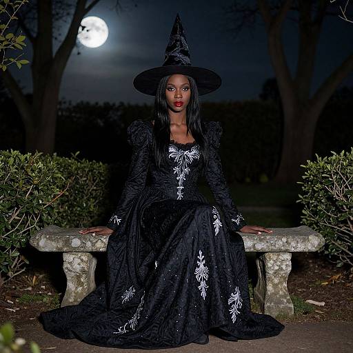 Photograph of a dark-skinned woman in a black witch outfit with white spider embroidery, sitting on a stone bench at night under a full moon.