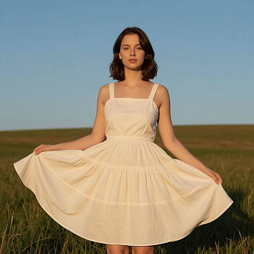 Photograph of a young woman with shoulder-length brown hair, wearing a white, sleeveless, square-neck dress, holding out the skirt, standing in