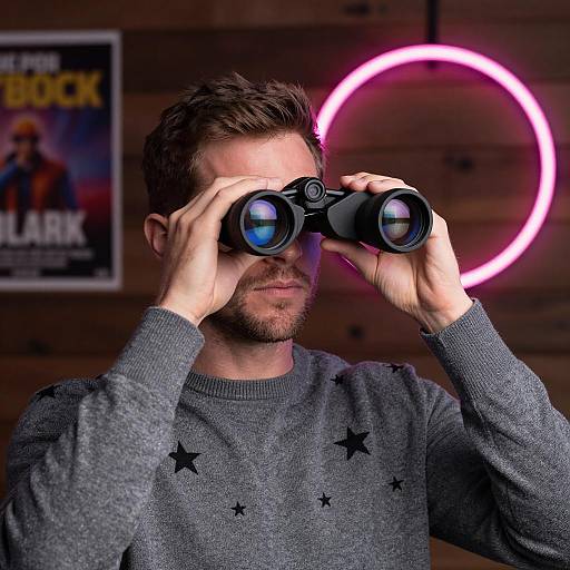 Mysterious Man with Binoculars and Neon Light