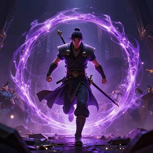 Digital artwork of a muscular, dark-haired warrior with glowing purple energy ring, wearing armor, sword, and flowing cape, charging forward in a dark,