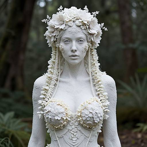 Photograph of a white, intricately detailed statue of a woman with floral headpiece and necklace, standing in a dark forest.