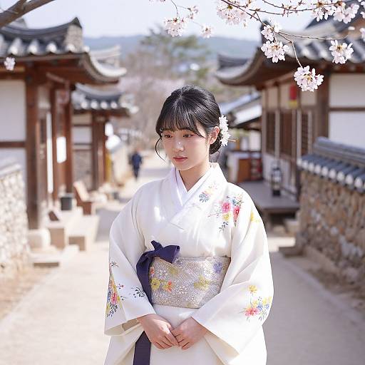 Elegant Woman in Traditional Korean Village