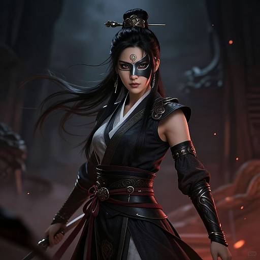 Digital art of a fierce, dark-haired ninja woman with black mask, samurai armor, and intricate headpiece, in a smoky, red-l