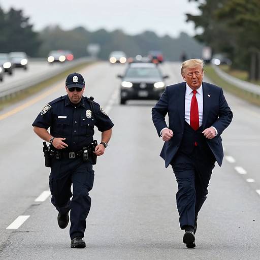 Photograph of a police officer in uniform and President Donald Trump in a suit with a red tie, running on a highway. Cars and trees in the