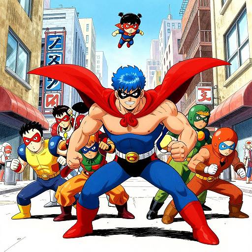 Digital anime-style illustration of a muscular blue-haired superhero in a red cape and mask, surrounded by colorful, masked heroes in an urban street setting.