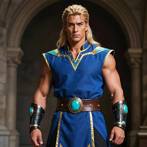 Muscular Blonde Warrior in Blue Tunic