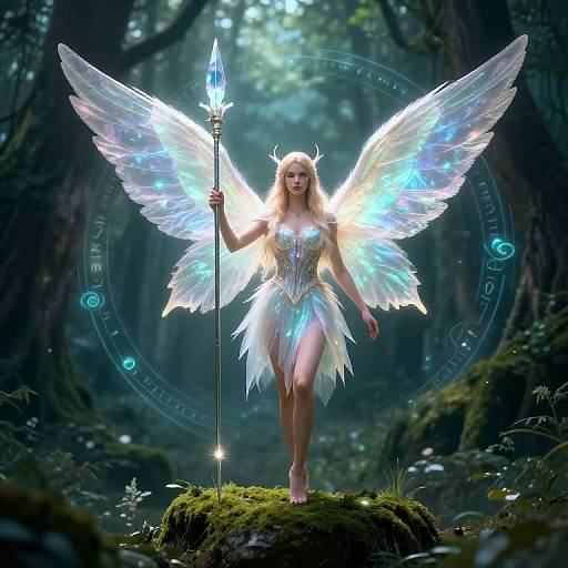 Fantastical CGI image of a glowing, winged fairy with blue and white iridescent wings, holding a crystal staff, standing on mossy