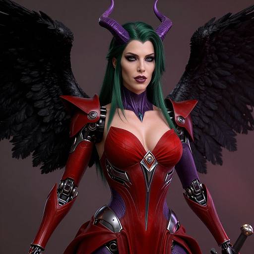 Digital art of a fierce female demon with green hair, purple horns, black wings, red armor, and dark makeup, standing confidently.