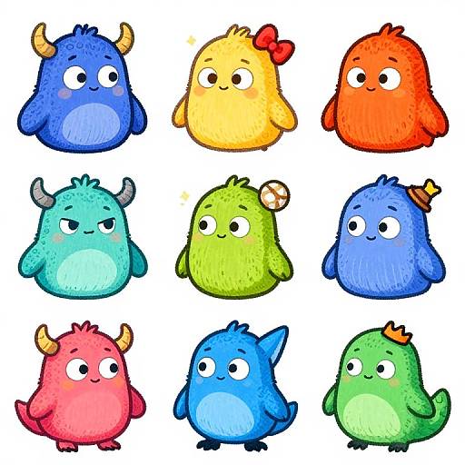 Cartoon image of twelve chubby, colorful, horned creatures with varied textures and small horns, arranged in a 3x4 grid.