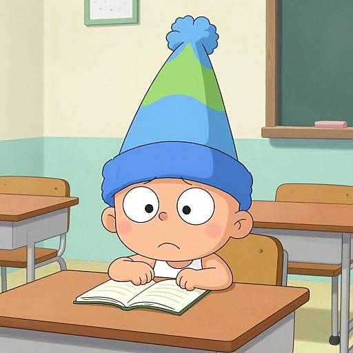 Cartoon of a worried bald child with a blue-green striped hat, sitting at a school desk, staring at an open book. Background shows classroom desks