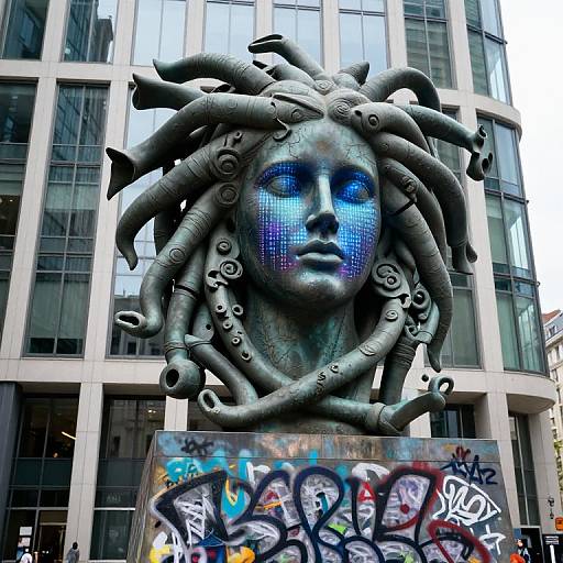Photograph of a bronze, blue-lit, dreadlock-headed sculpture with intricate details, set against a modern glass building with vibrant graffiti below. Urban