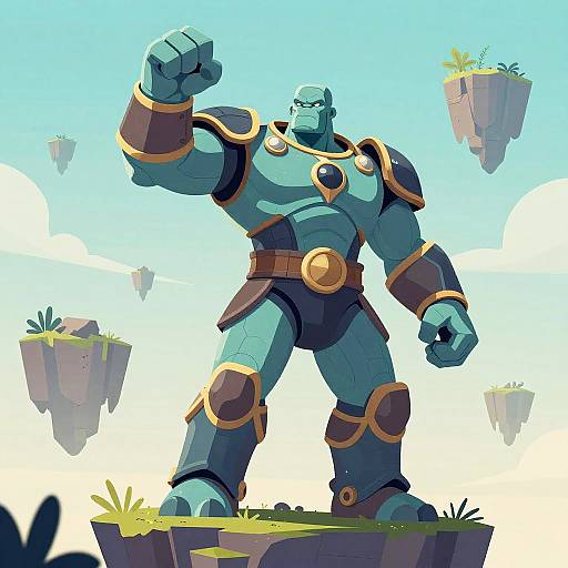 Digital art of a muscular, blue-skinned, armored superhero with gold accents, standing on a floating grassy platform, sky background with floating islands.