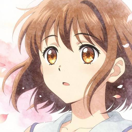 Anime-style digital drawing of a young girl with brown hair, large amber eyes, and a white shirt, set against a soft pink and white background.