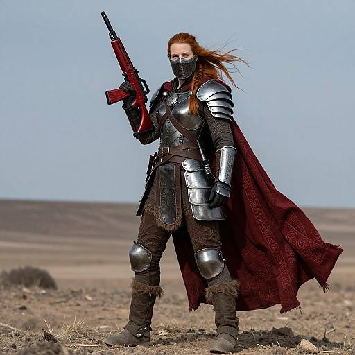 Photograph of a red-haired woman in medieval-style silver armor, red cloak, black mask, and fur boots, holding a red rifle, standing in