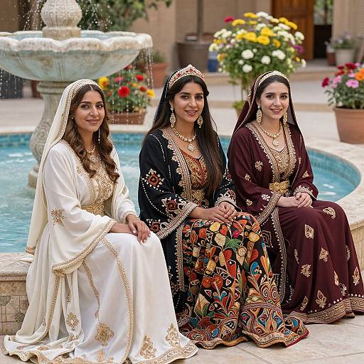 Photograph of three South Asian women in traditional bridal outfits, seated by a decorative fountain, wearing gold jewelry and colorful embroidered dresses.
