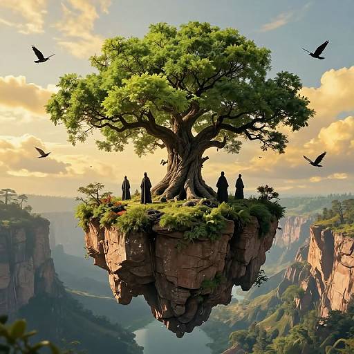 Digital fantasy art: Floating island with massive tree, silhouetted figures, soaring birds, sunlit clouds, and rugged cliffs in the background.