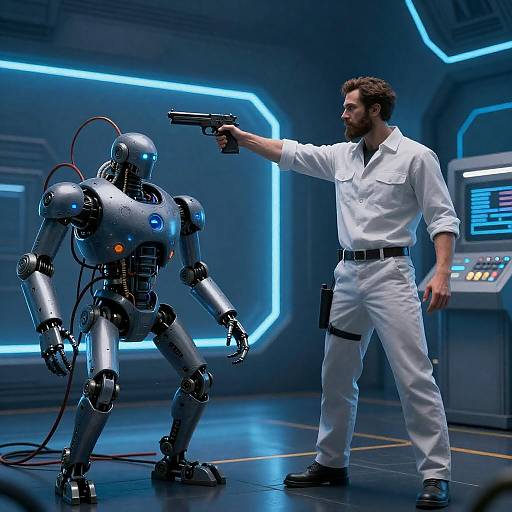 Blue-Lit Standoff: Bearded Man vs Robot