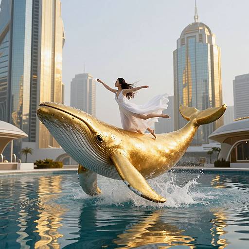 Digital artwork of a woman in a flowing white dress riding a golden whale in a luxurious, sunlit city pool with skyscrapers.