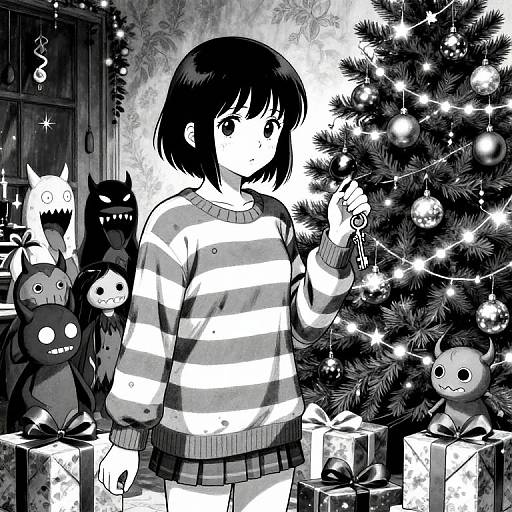 Black-and-white manga-style drawing of a girl with short black hair, striped sweater, and skirt, decorating a Christmas tree with eerie cat-shaped ornaments and