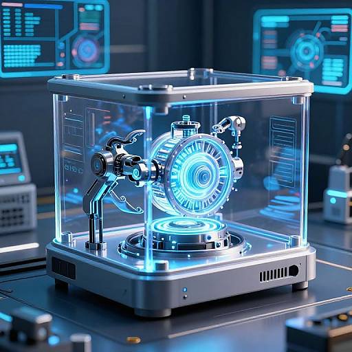 Photorealistic CGI of a futuristic, transparent box housing a glowing blue, robotic, circular device with mechanical arms, illuminated by neon lights in a high