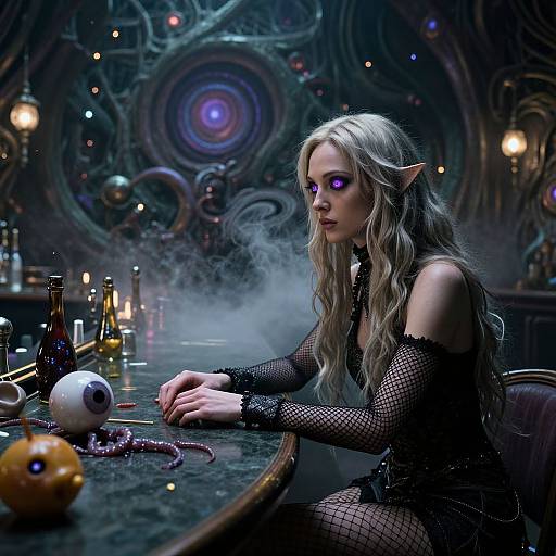 Digital artwork: Elven woman with long blonde hair, purple eyes, and pointed ears, in black fishnet dress, sits at a mystical, dim