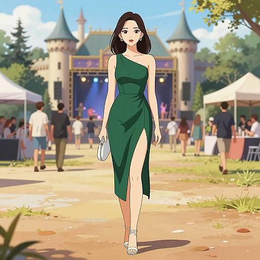 Elegant Woman in Emerald Green Dress at Castle Music Festival
