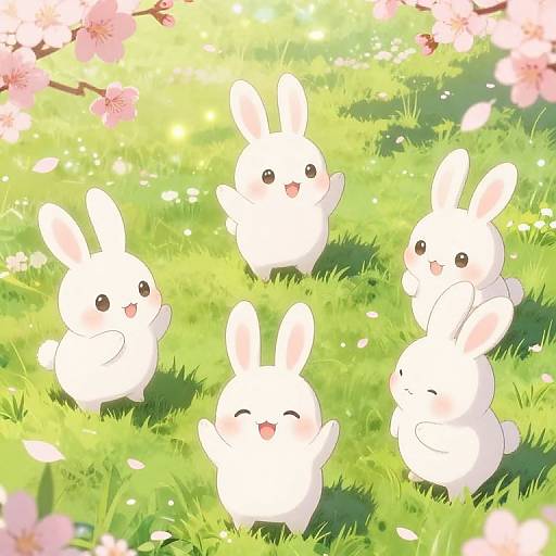 Digital anime-style illustration of five adorable white bunnies with big eyes and cute expressions, joyfully playing in a sunlit grassy field with blo