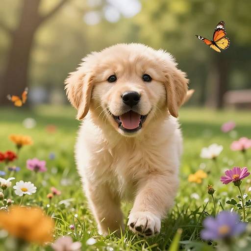 Photograph of a fluffy Golden Retriever puppy joyfully running through a colorful, flower-filled meadow with a bright orange butterfly hovering nearby. Sun