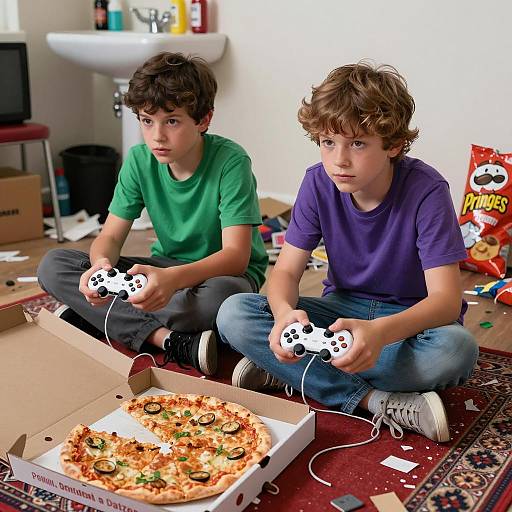 Boys Gaming in a Cluttered Room