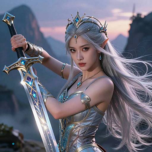 Digital art: A silver-haired, elf-like woman with pointed ears and a crown, holding a glowing, ornate sword, stands in a misty