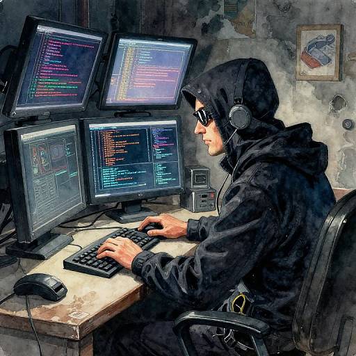 Digital painting of a hoodie-wearing hacker with headphones, typing on multiple screens displaying colorful code in a dimly lit, cluttered room.